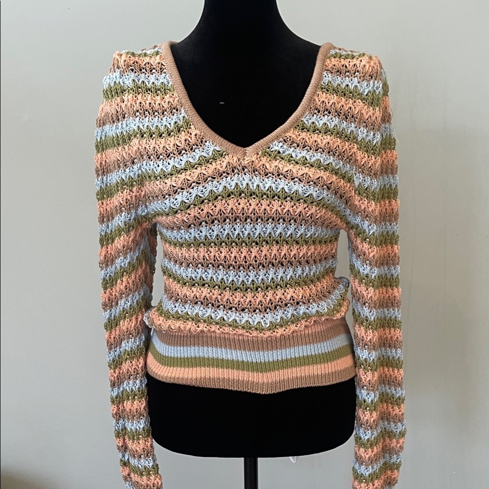 Striped V-Neck Cropped Knit Sweater in Peach, Sage & blue new with tags